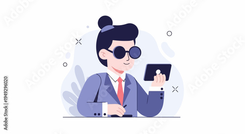 Character in suit and sunglasses uses a tablet and stylus