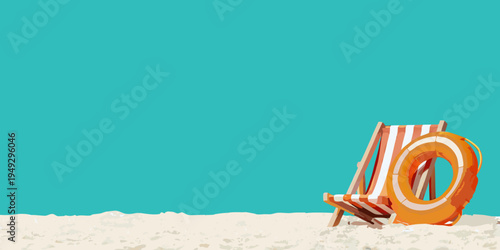 A beach chair and life preserver rest on a sandy shore