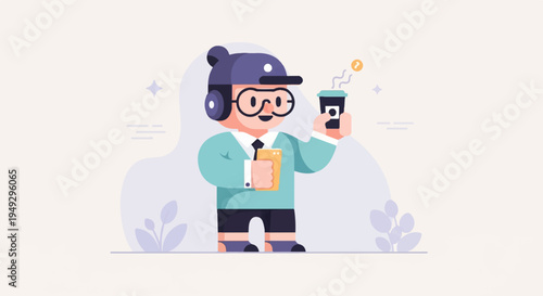 Cheerful character in hat and glasses holding a beverage and gadget