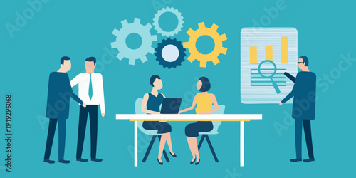 Business professionals collaborating around a table with data visualization