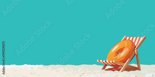 A colorful beach chair with an orange life preserver on sand