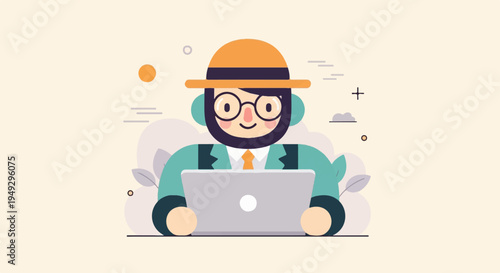 Cheerful character in hat and glasses with laptop