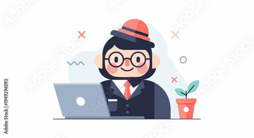 Cheerful character in hat and suit with laptop and potted plant