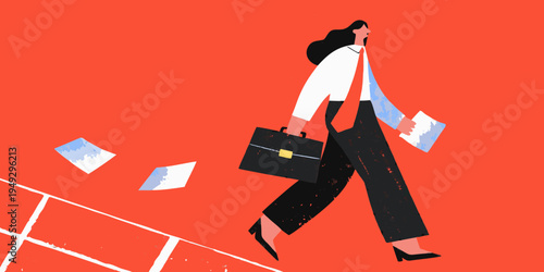 A businesswoman walks with papers blowing around her in a vibrant scene