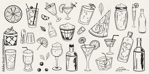 A collection of hand drawn cocktail glasses bottles and drink garnishes