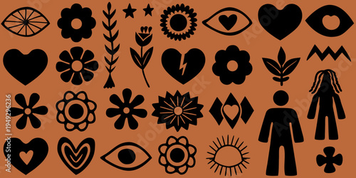 Abstract botanical and figural shapes in black against a terracotta background