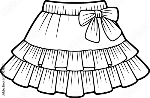 Black and white line of a tiered ruffled skirt with a bow a white background fashion