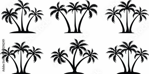 Silhouettes of tropical palm trees against a white background