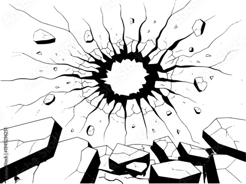 Black Hole Explosion Shattering Rock Surface with Flying Debris White Background