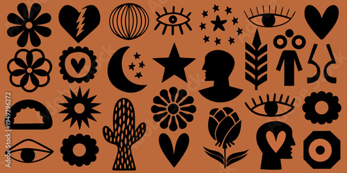 Abstract arrangement of black shapes including eyes hearts and botanical forms