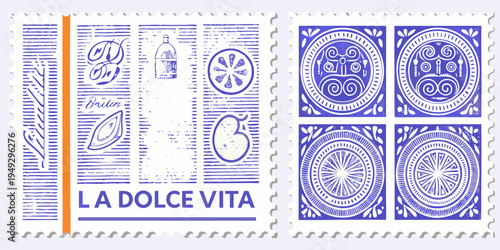 Vintage postage stamps with fruit and ornamental designs in blue tones