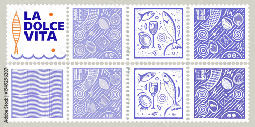 A collection of postage stamps with italian coastal and food imagery