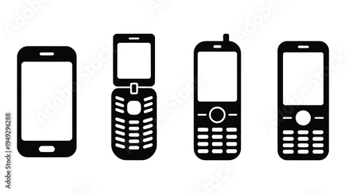 Mobile phone evolution illustration showcasing modern smartphones, feature phones, and flip phones, high quality professional detailed design, elegant vector concept.