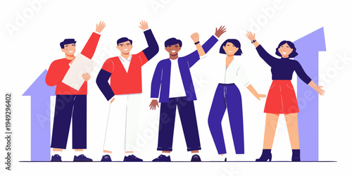 Diverse team celebrating success with arms raised in front of an arrow