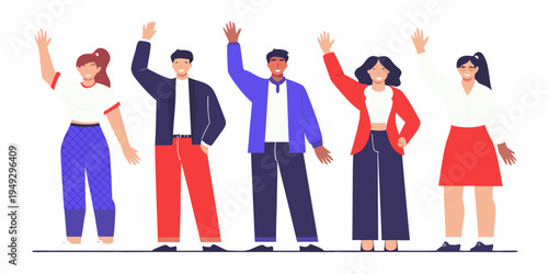 Diverse group of people cheerfully raising hands in a celebratory scene