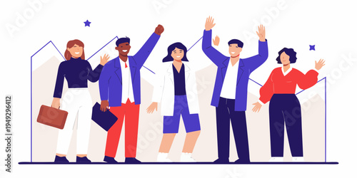 Diverse group of professionals celebrating success with arms raised high