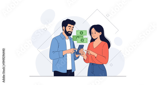 Couple using smartphone for online payment with money icons, financial concept