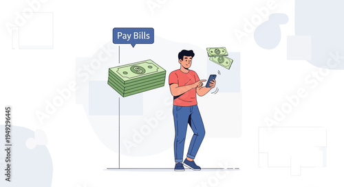 Man Paying Bills Online with Smartphone and Stack of Money, Financial Concept
