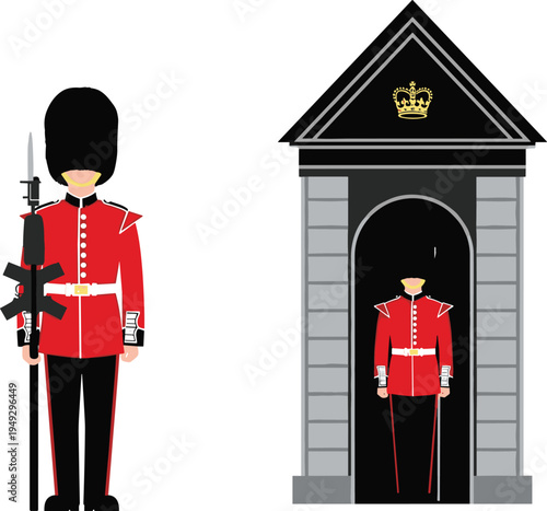 British royal guard in traditional red uniform and bearskin hat standing at sentry box in London for United Kingdom tourism