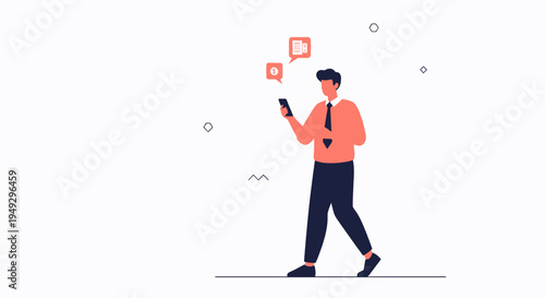 Man with smartphone, receiving notifications, business communication, flat design