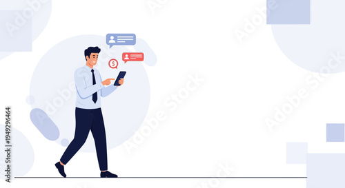 Man in suit walking and using smartphone with chat bubbles, business concept