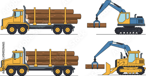 Yellow logging truck carrying timber and heavy duty forest machinery including excavator and bulldozer loaders for industrial wood harvesting and transport