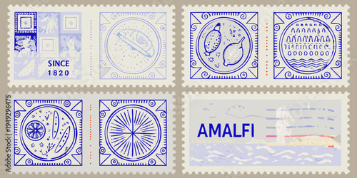 Collection of vintage style postage stamps with intricate blue illustrations