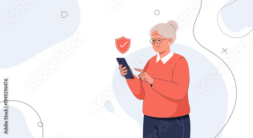 Elderly Woman Using Smartphone with Security Icon, Digital Safety Concept