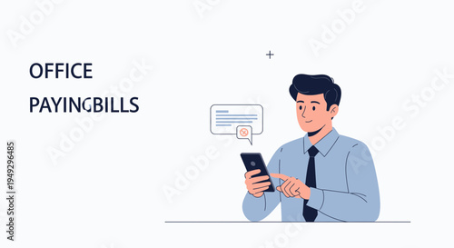 Man paying bills on smartphone in office, online banking concept