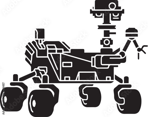 Black vector illustration of a robotic rover with six wheels and mechanical arm isolated on transparent background