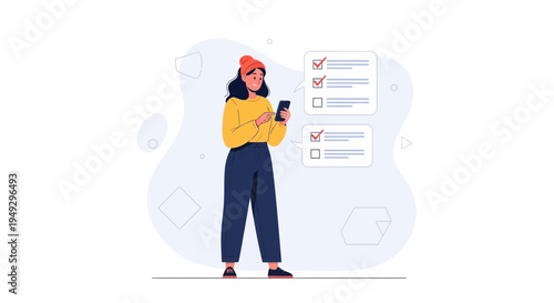 Woman using smartphone for checklist app, task management, planning, and organization