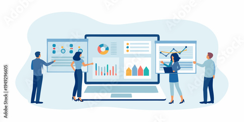 Team analyzing data visualization on a large computer screen display