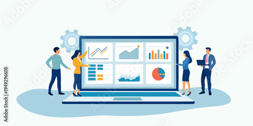 Team analyzing data visualizations on a large computer screen