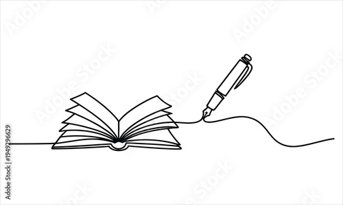 An elegant continuous single line forms an open book and a sophisticated fountain pen together