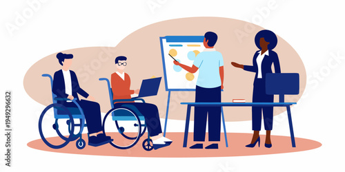 Inclusive team collaborating in a modern office setting with accessibility