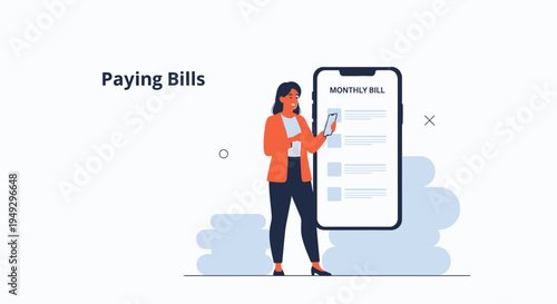 Woman Paying Monthly Bills Online Using Mobile Phone App