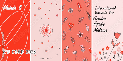 International women s day graphic with floral motifs and text overlays