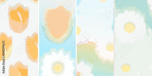 Abstract floral patterns in pastel shades vertically arranged compositions