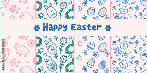 A colorful hand drawn happy easter pattern with chicks and eggs