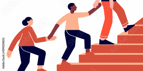 People assisting each other to climb stairs showcasing support and teamwork