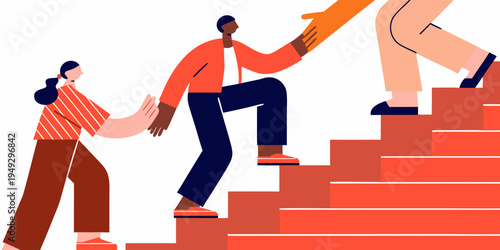 People assisting each other while climbing a flight of red stairs