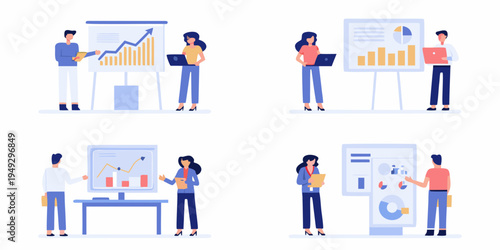 Business professionals presenting data and collaborating on marketing strategies