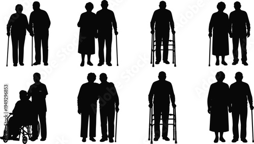 Elderly people silhouettes collection, senior men and women with cane walker and wheelchair poses set, old age support and healthcare silhouettes isolated