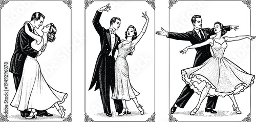 Vintage hand drawn illustrations of elegant couples ballroom dancing in formal attire, classic mid-century retro style for romantic event invitations.