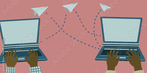 Digital connection illustrated with laptops and paper airplanes exchanging data