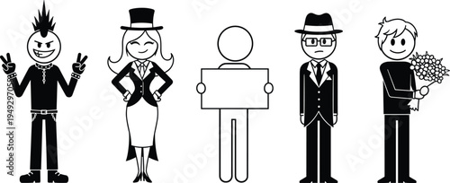 Set of diverse stick figure characters including a punk rocker, magician woman, person holding sign, businessman, and man with flowers.