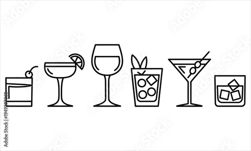 Collection of six distinct outline illustrations depicting various cocktail and drink glasses in a row