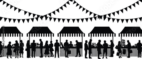 Silhouette of people at a street market festival with vendor stalls and bunting flags, featuring crowds shopping at an outdoor fair.