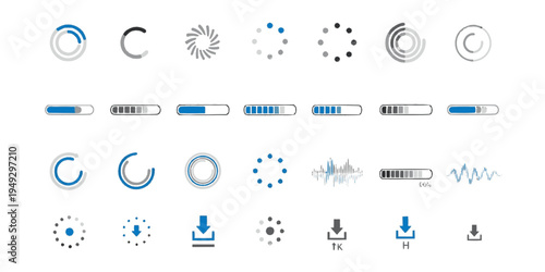 Loading icon set. Buffer loader or preloader. Download or Upload. Collection of simple web download. Vector illustration. 