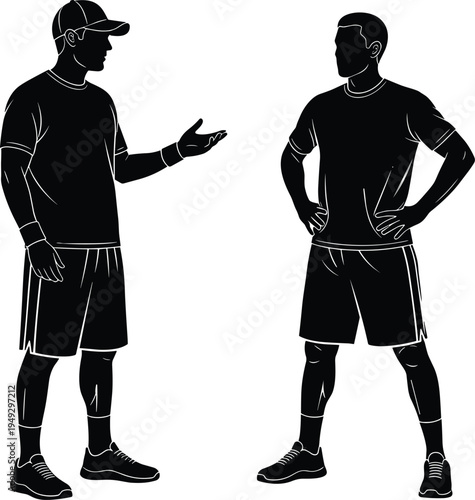 Black silhouette of a fitness coach with cap talking to an athlete, sports training session, personal trainer instructing a client.